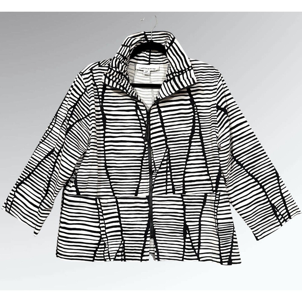 Caroline Rose Zip Jacket Size L PETITE Black White Abstract Stripe Stand Collar